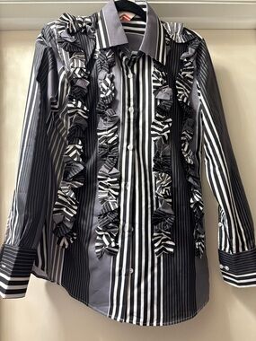 Women's Black & White Striped Ruffle Button-Front Blouse. Seen on Emily in Paris